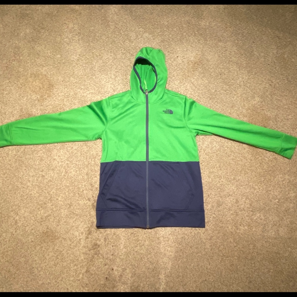 Boys blue/green north face hoodie